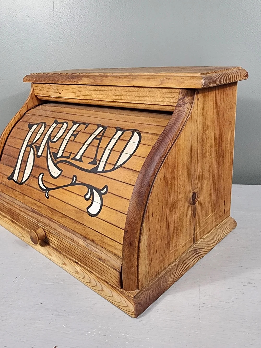 Wooden Roll Top Bread Box Farmhouse Brown Wood 80s Country Rustic